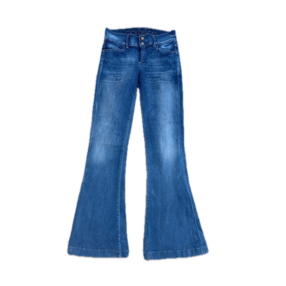 Goldsign Sissi Flare Jeans Medium Wash Double Button Wide Leg Denim Made in USA